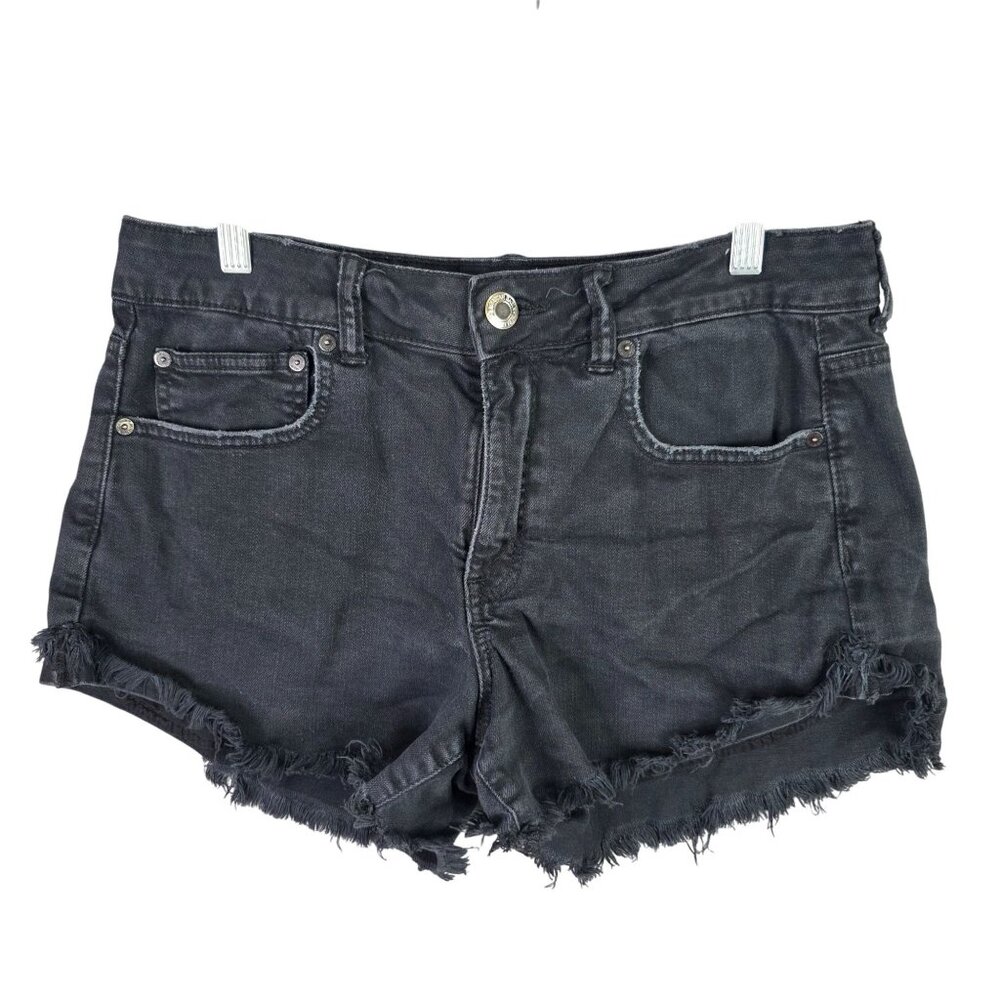 Womens American Eagle Black Denim Shorts Hi Rise Festival Raw Hem Size 12